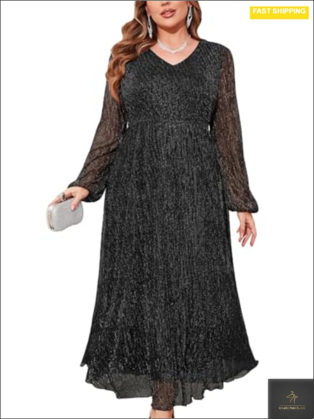 Plus Size Sparkly Mesh Maxi Formal Dress Long Sleeve V Neck A-line